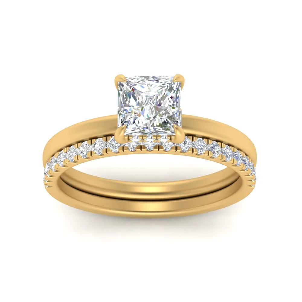 0.50 To 5 Carat Hidden Halo Lab Diamond Wedding Ring Set 14K Gold