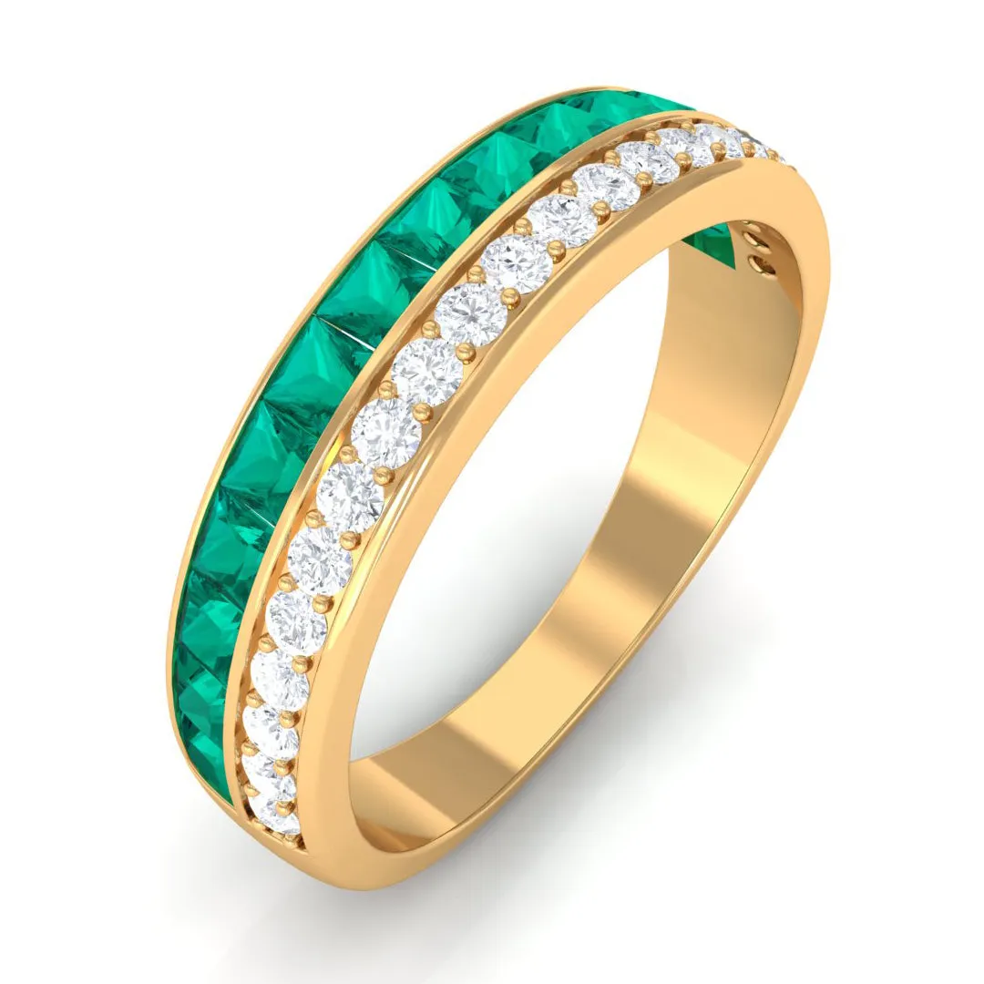 1 CT Natural Emerald and Diamond Half Eternity Ring