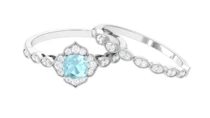 1 CT Sky Blue Topaz Flower Beaded Ring Set with Diamond