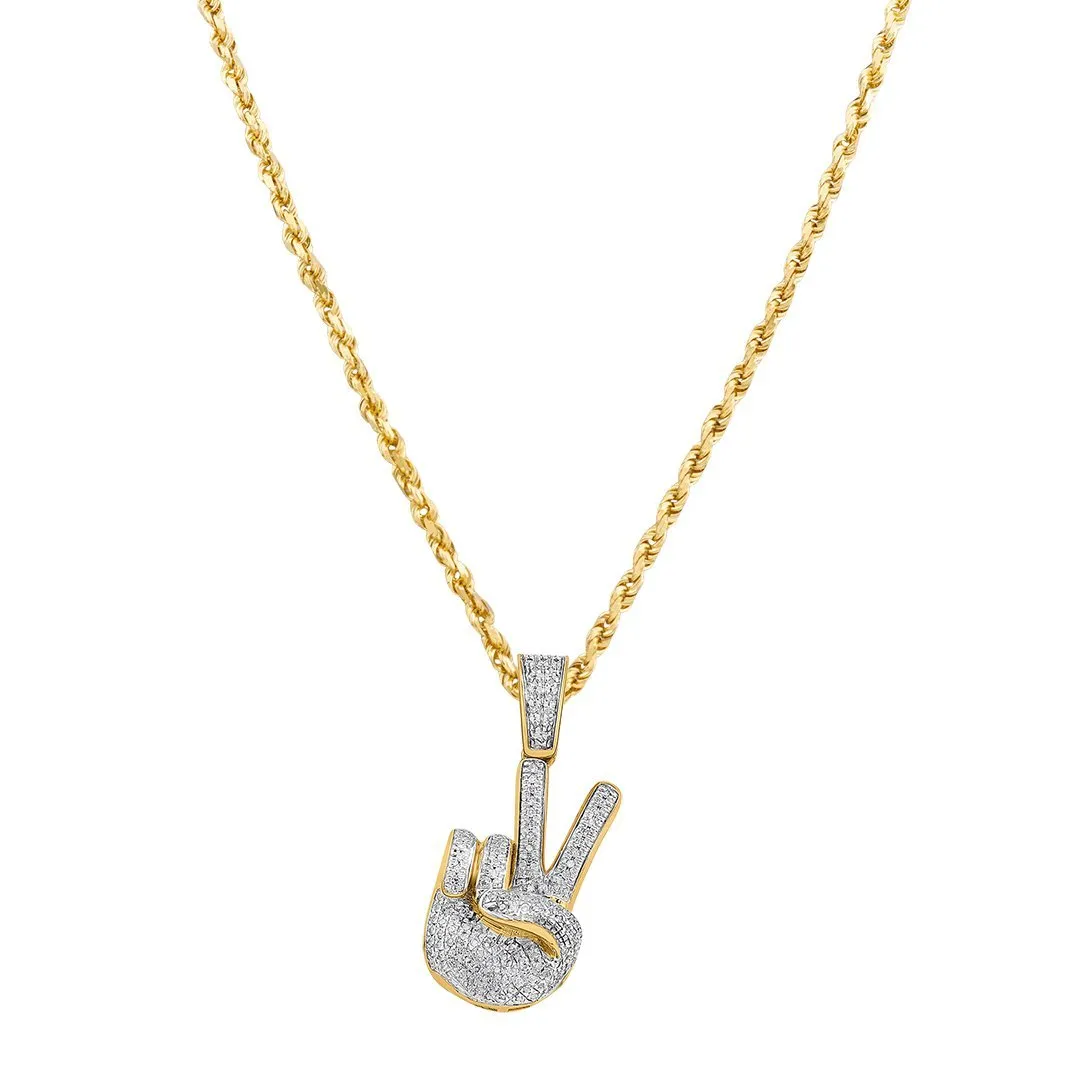 10K Yellow Gold Diamond Peace Hand Sign Pendant 0.22 Ctw