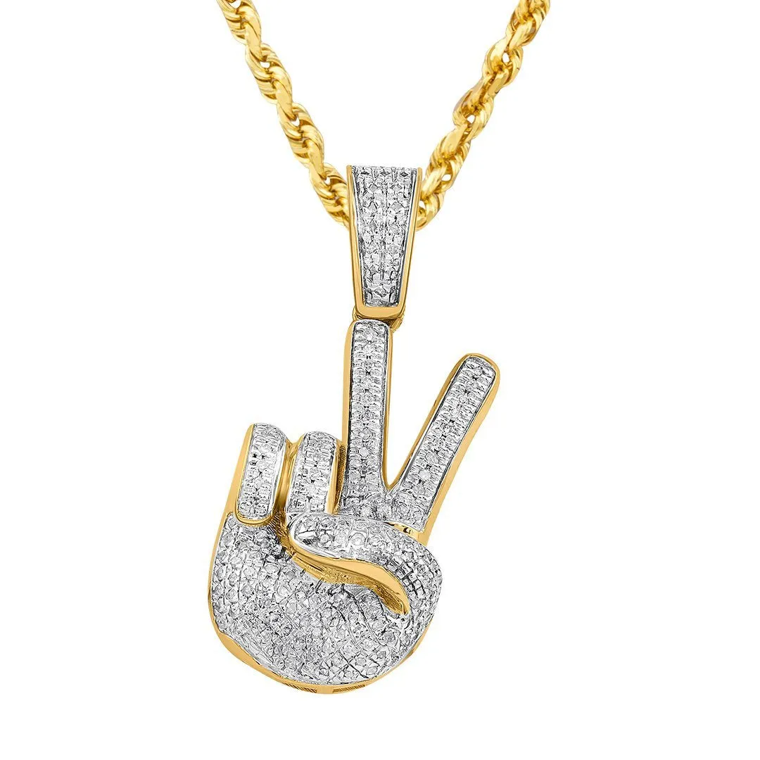 10K Yellow Gold Diamond Peace Hand Sign Pendant 0.22 Ctw