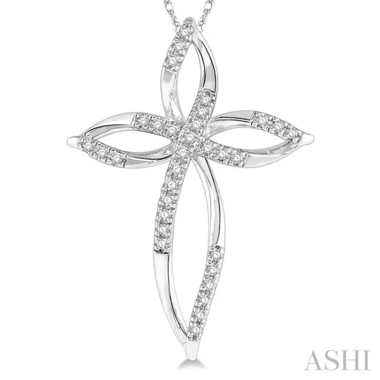 1/10 Ctw Twisted Cross Charm Round Cut Diamond Pendant With Chain in 10K White Gold