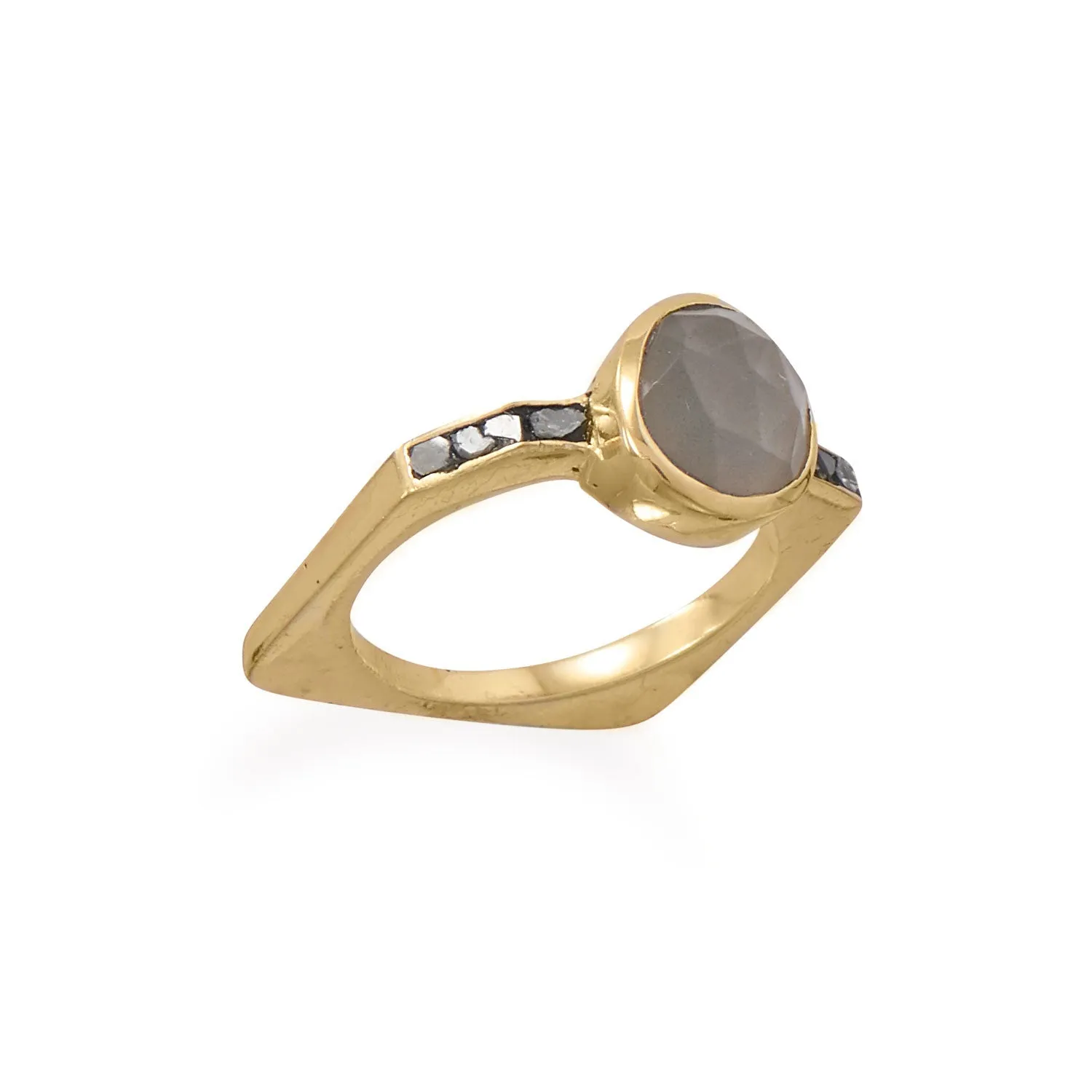 14 Karat Gold Plated Grey Moonstone and Diamond Chips Ring