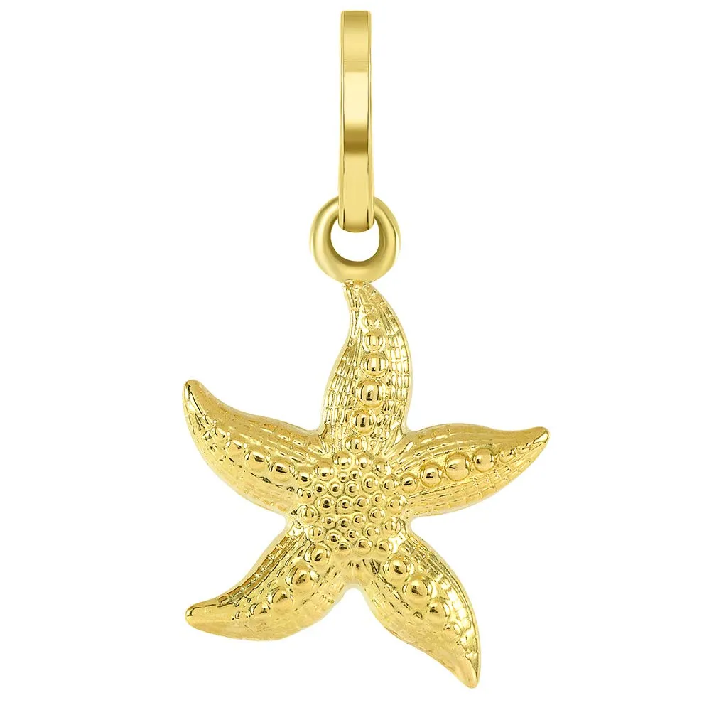 14k Gold Textured 3D Starfish Charm Pendant with Curb Chain Necklace - Yellow Gold