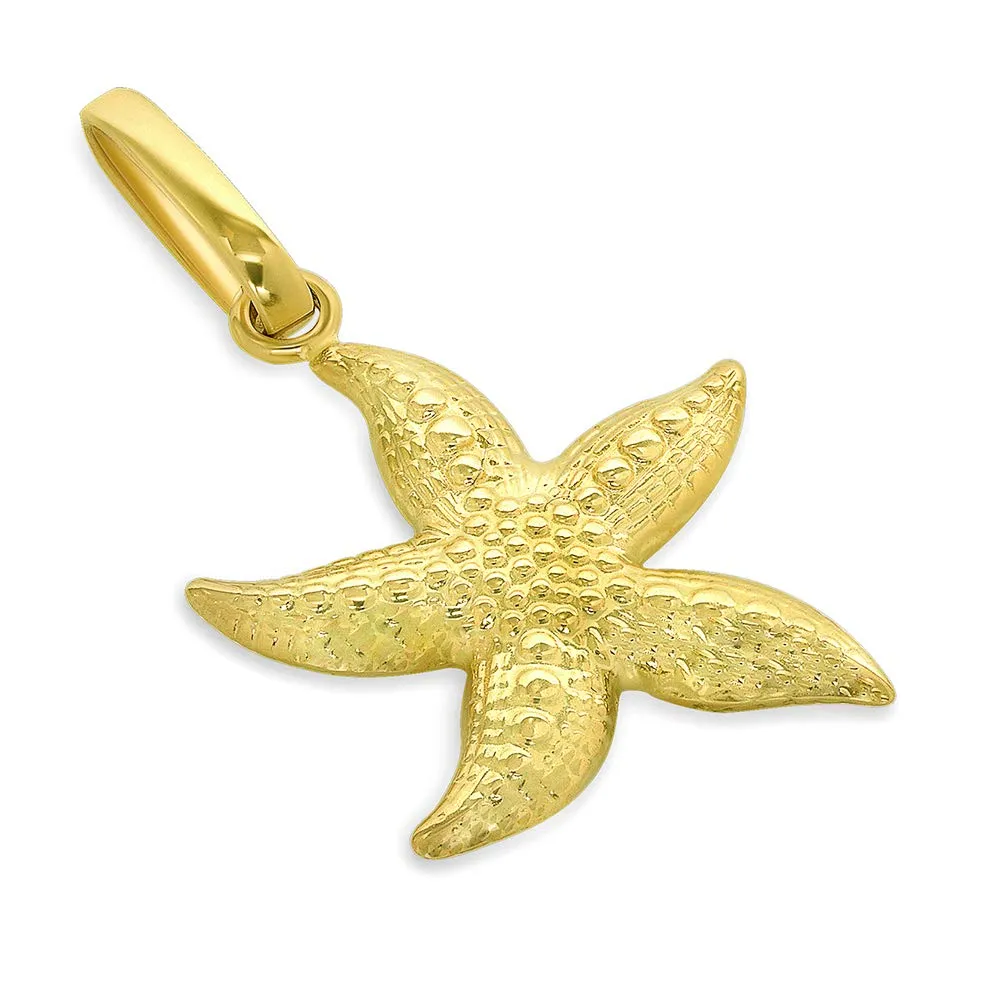 14k Gold Textured 3D Starfish Charm Pendant with Curb Chain Necklace - Yellow Gold