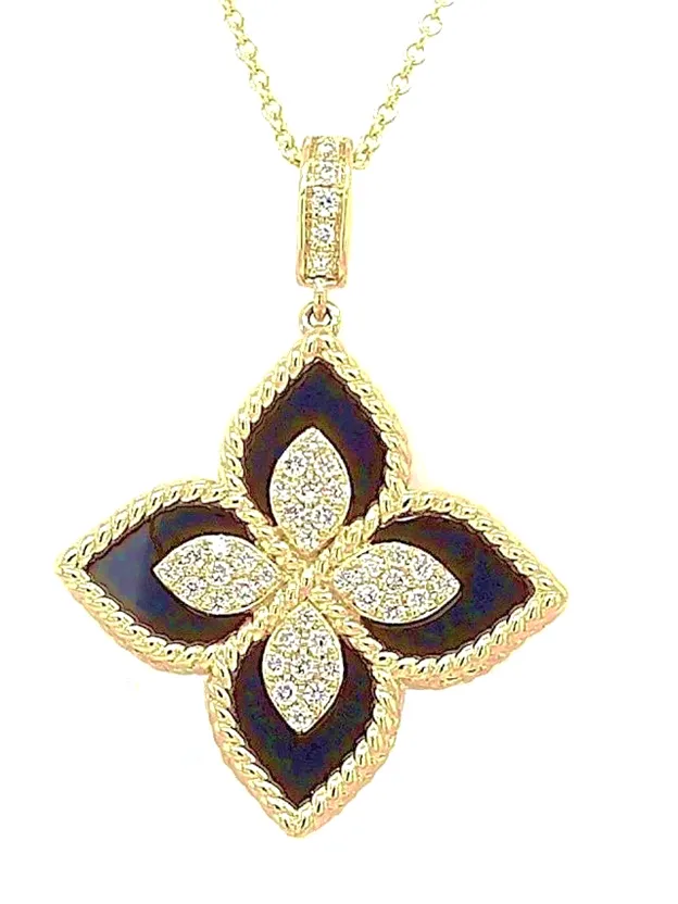 14k Yellow Gold Onyx and 0.17 Ct Diamond Pendant