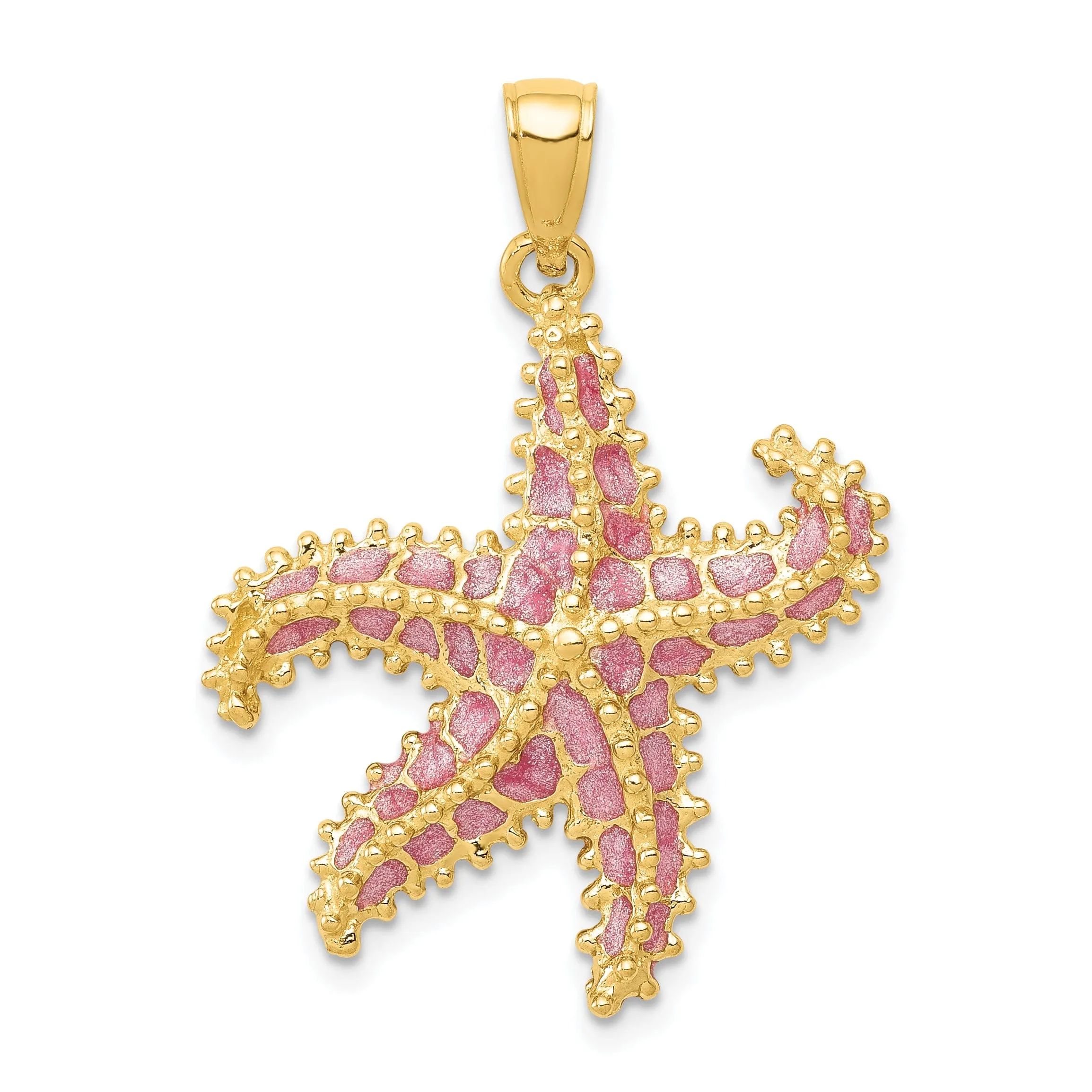 14K Yellow Gold Solid Textured Polished Pink Enameled Finish Starfish Charm Pendant