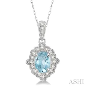 1/6 Ctw Round Cut Diamond and Ethnic Oval Cut 6x4mm Aquamarine Semi Precious Pendant in 10K White Gold with chain