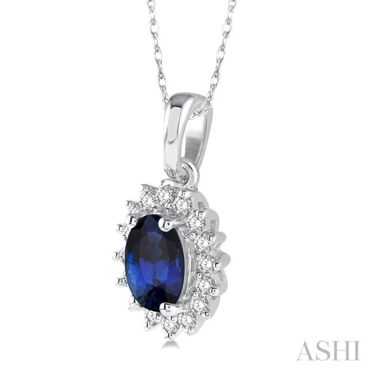 1/8 Ctw Round Cut Diamond and Oval Cut 6x4mm Sapphire Center Sunflower Precious Pendant in 10K White Gold with chain