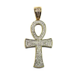 18k Gold Plated CZ Ankh Cross Pendant with 2.4mm Flat Franco Box Chain