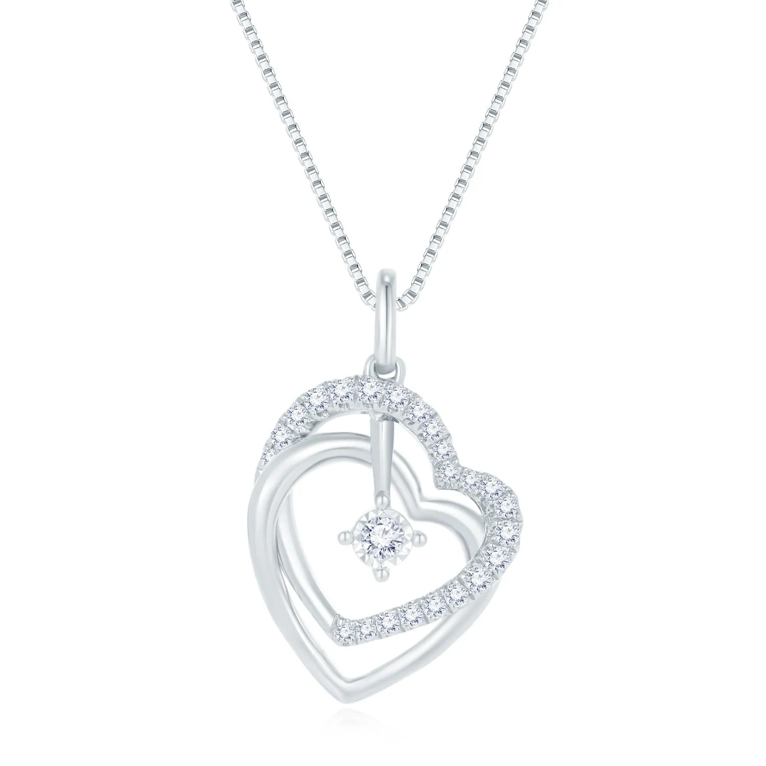 18K White Gold Double Heart Diamond Pendant