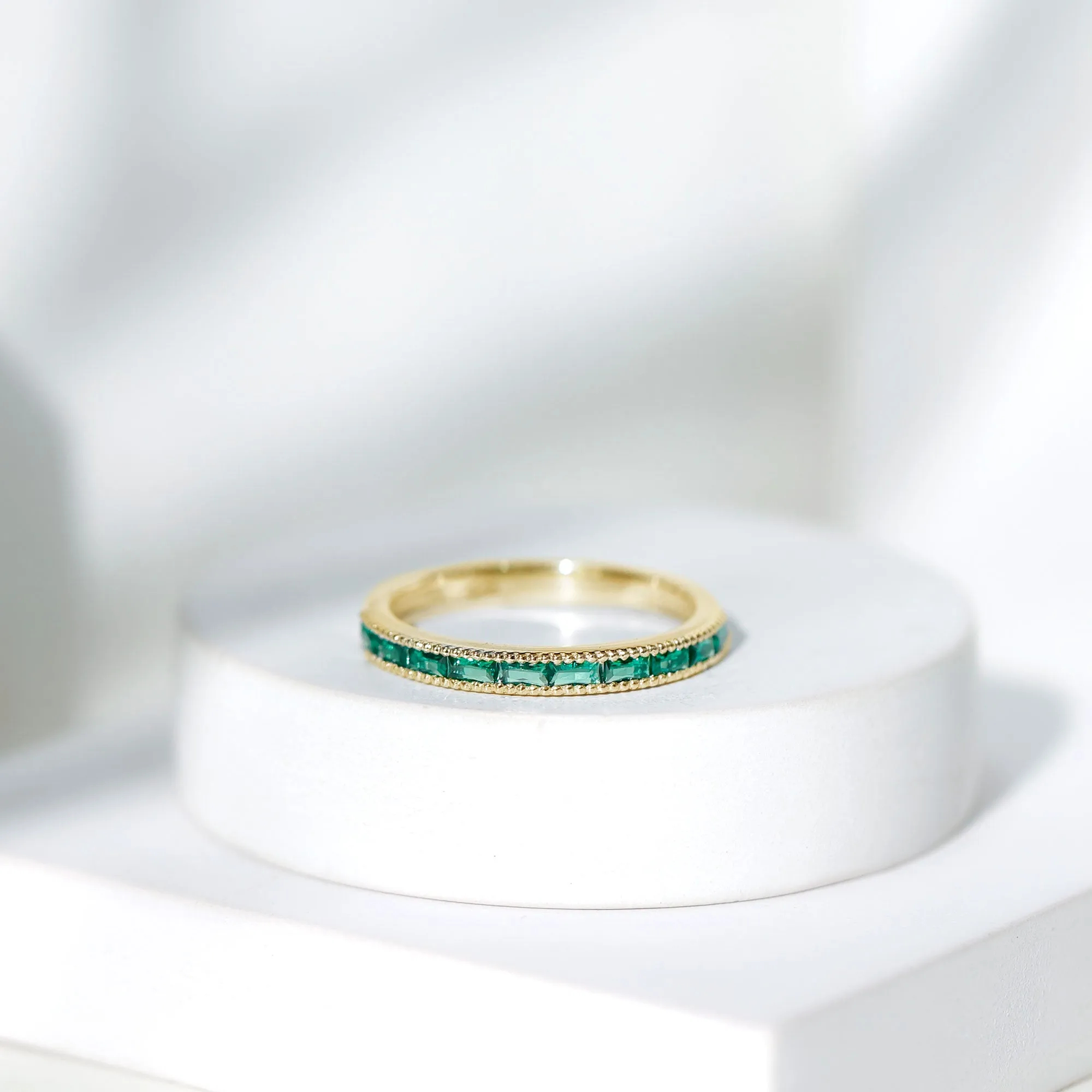 3/4 CT Baguette Cut Created Emerald Band Milgrain Ring