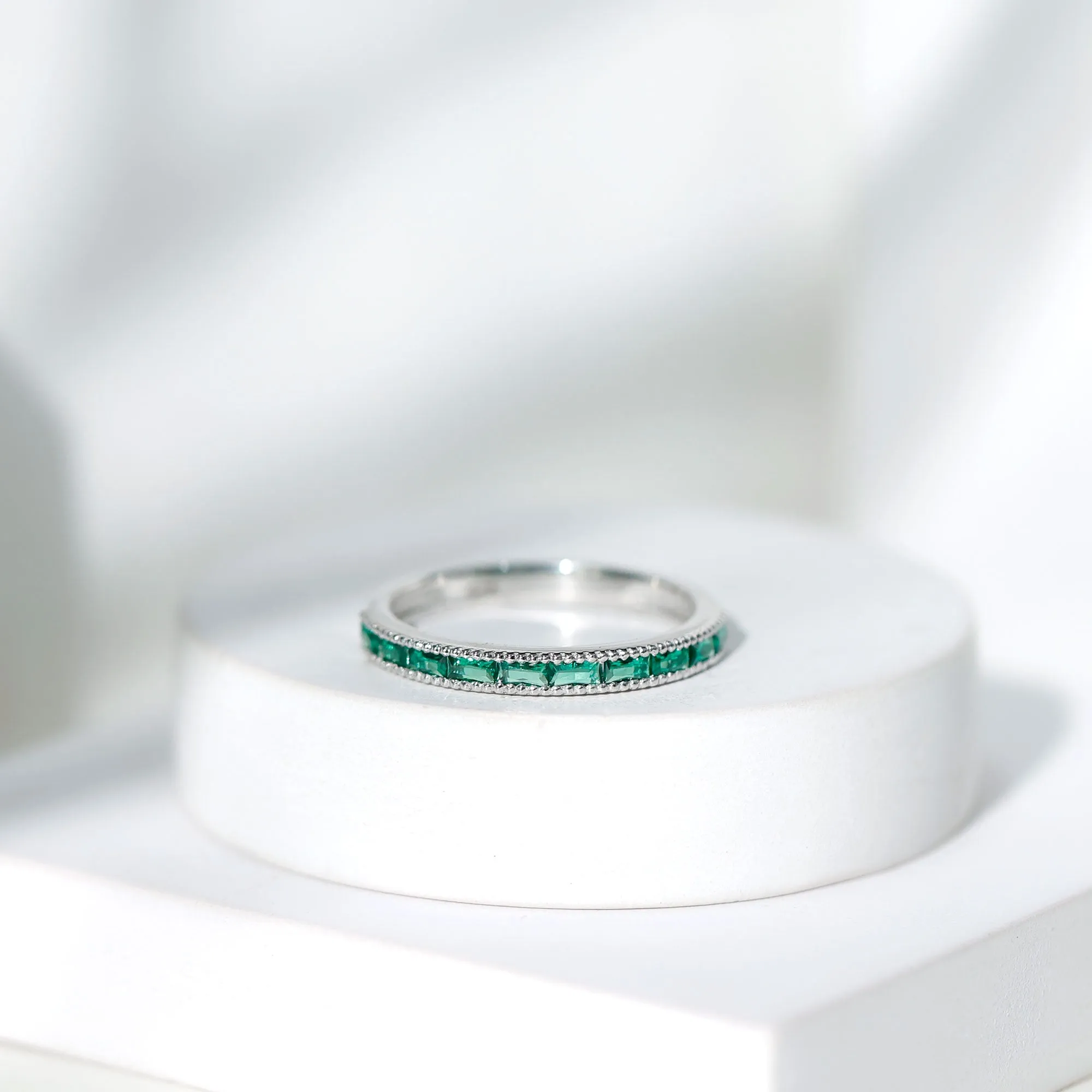 3/4 CT Baguette Cut Created Emerald Band Milgrain Ring