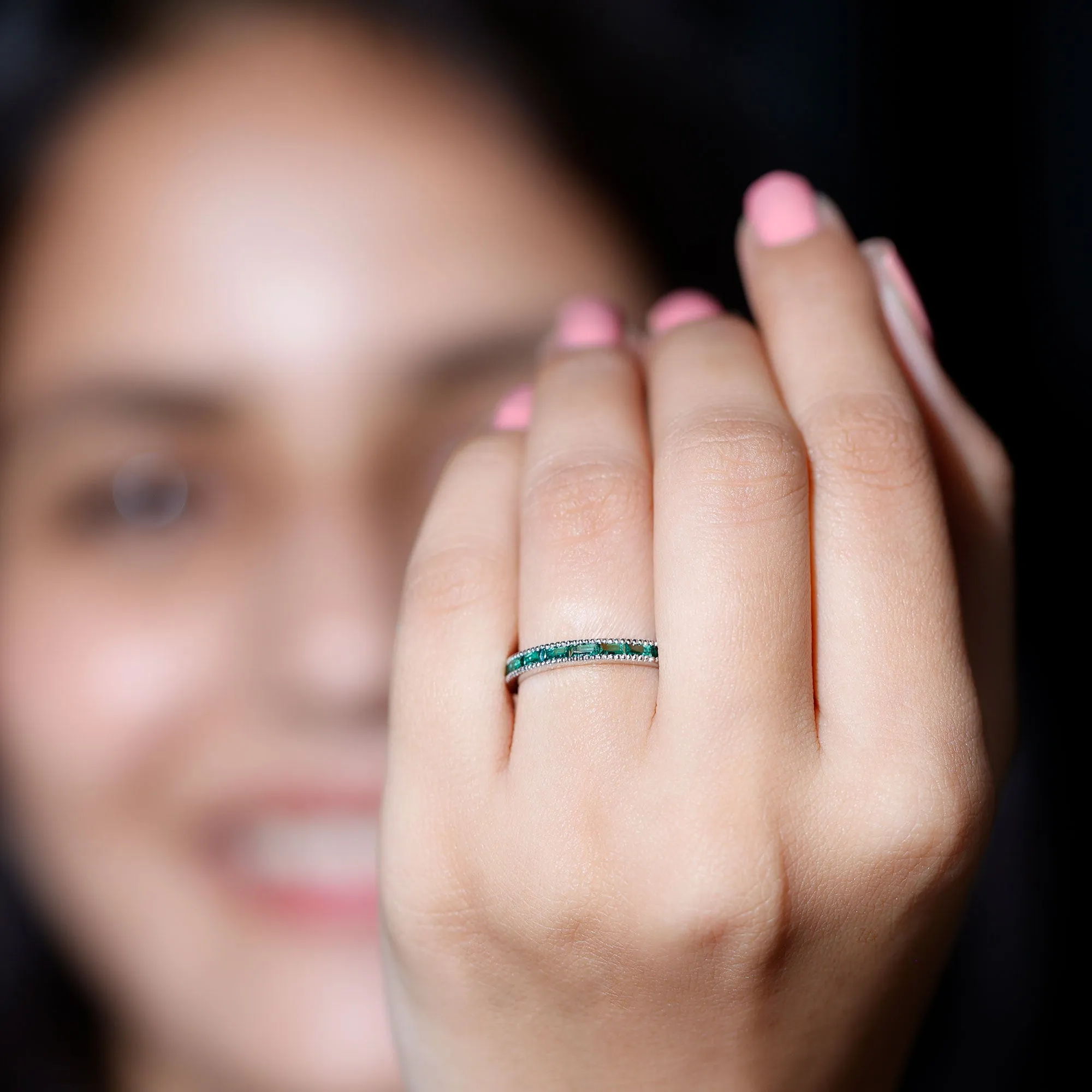 3/4 CT Baguette Cut Created Emerald Band Milgrain Ring