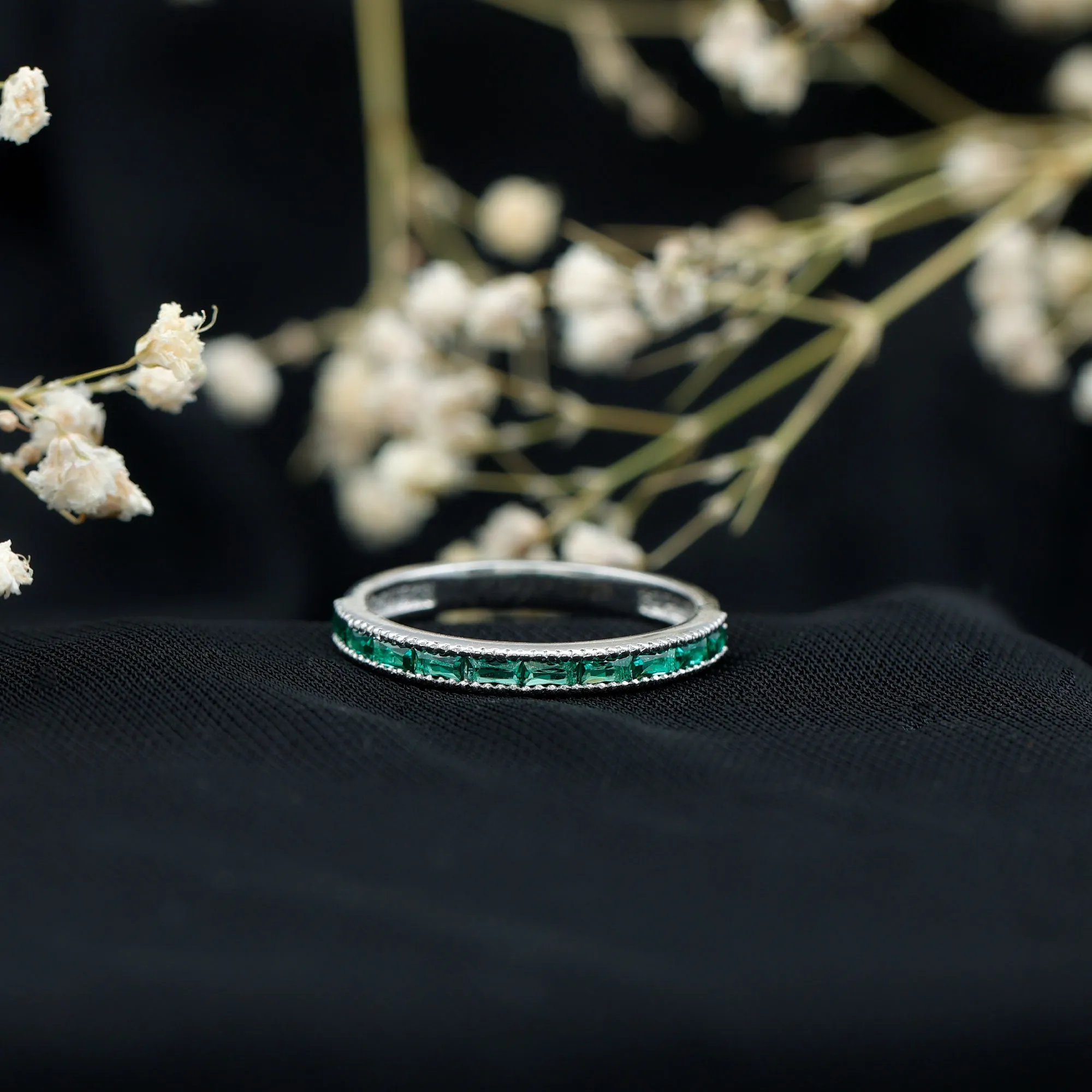 3/4 CT Baguette Cut Created Emerald Band Milgrain Ring