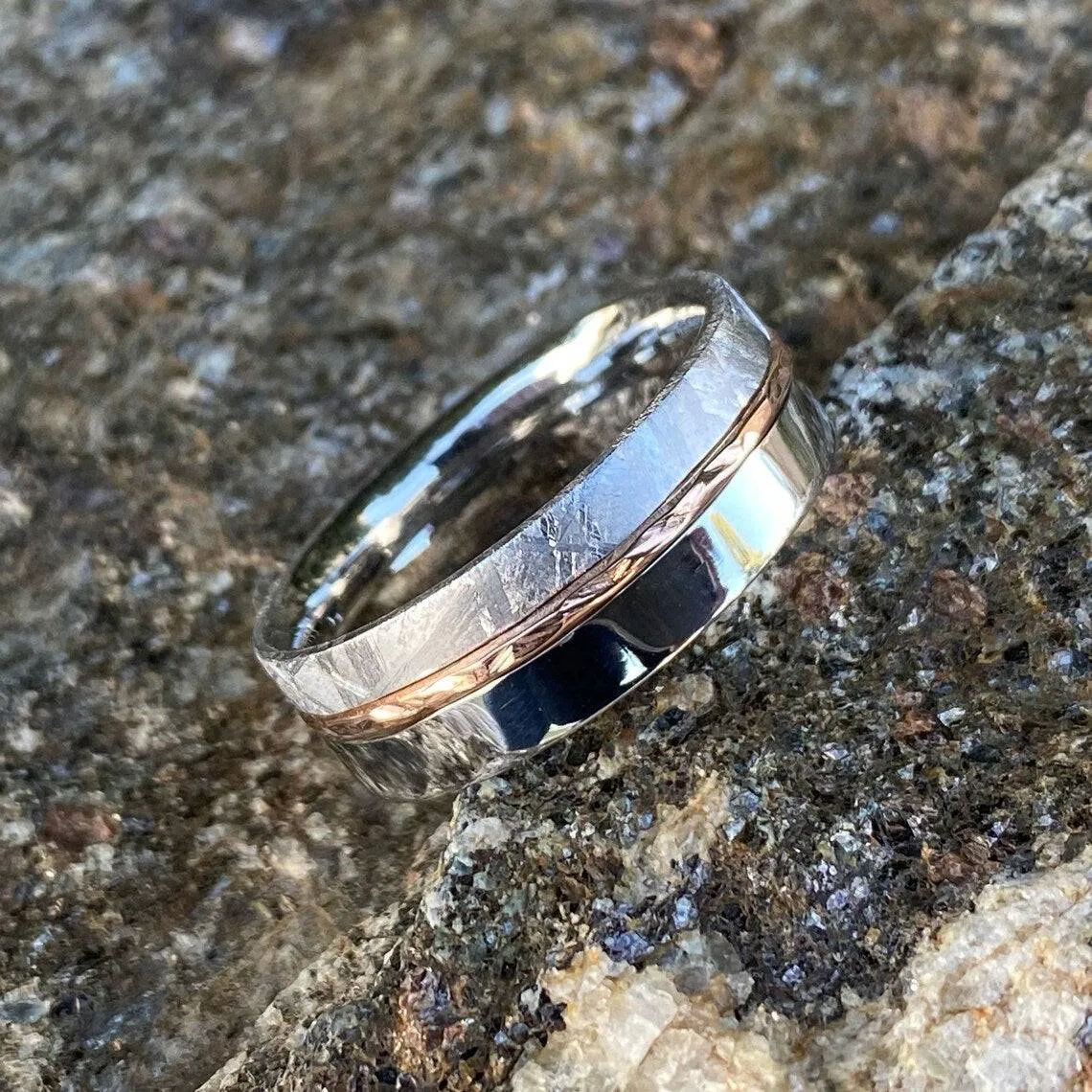 8mm Wide Gibeon Meteorite Ring ,Groom's Wedding Band w/ 14k Rose Gold Inlay