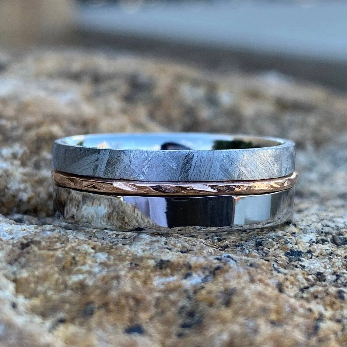 8mm Wide Gibeon Meteorite Ring ,Groom's Wedding Band w/ 14k Rose Gold Inlay