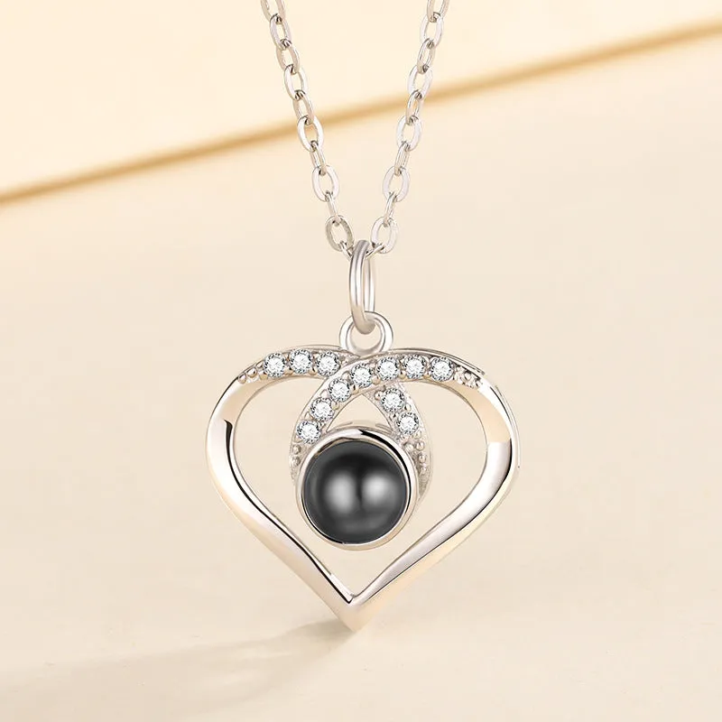 925 Silver Heart Shaped with CZ Diamonds Projection Necklace with Picture Inside