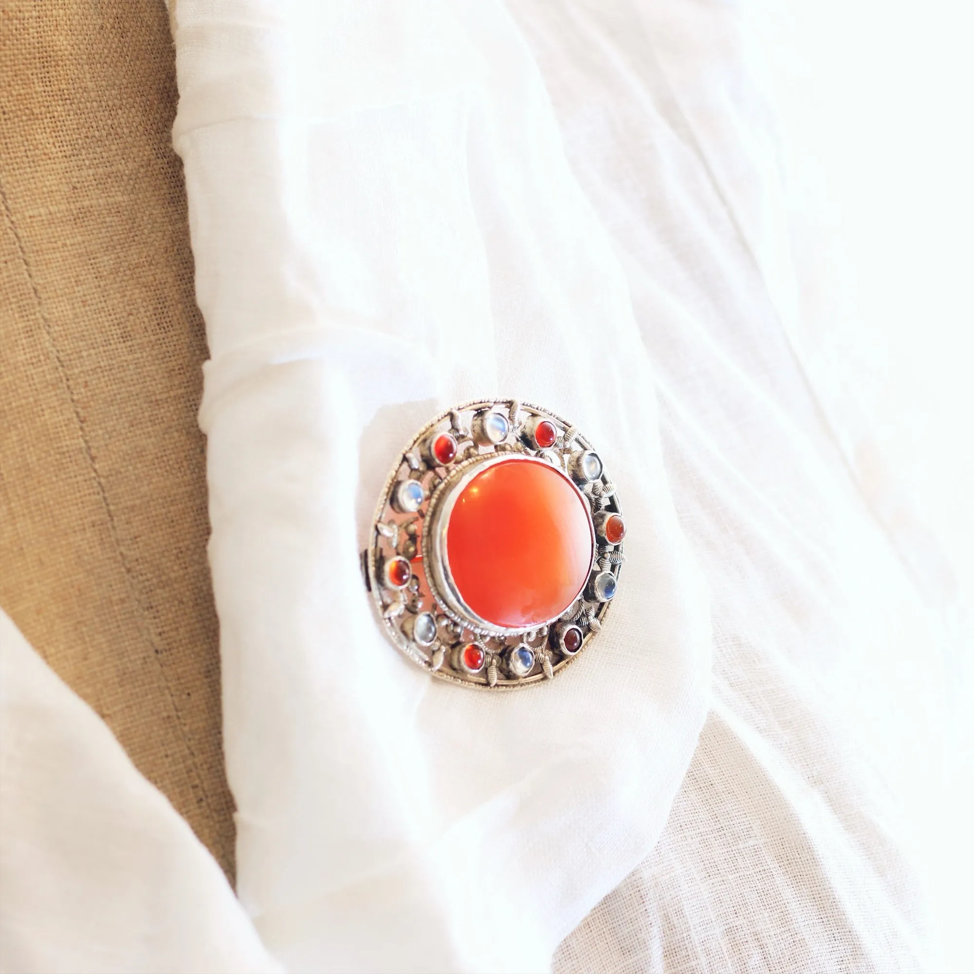 Antique Arts & Crafts Moonstone Carnelian Brooch