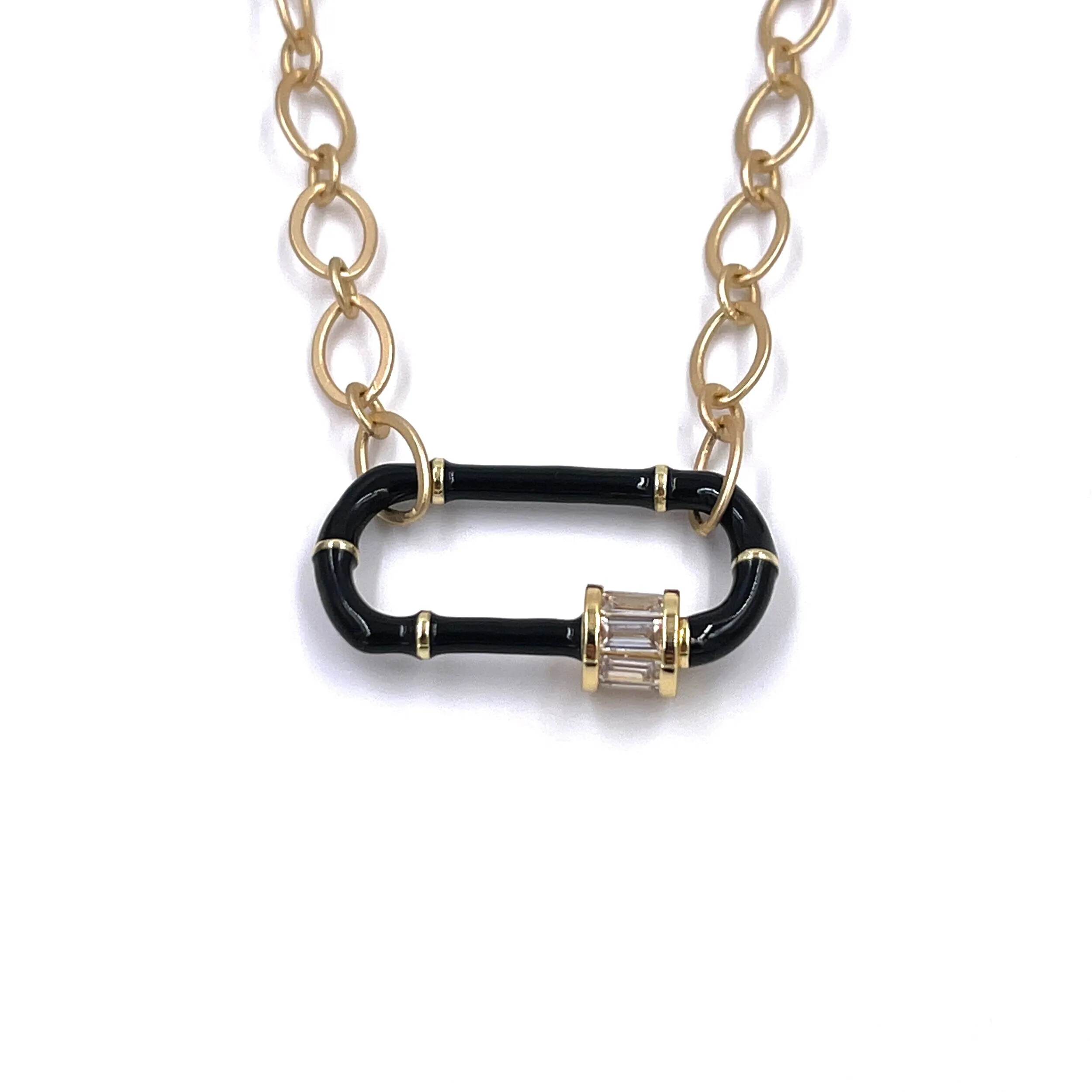 Ashley Gold Stainless Steel Gold Plated Black Enamel and CZ Front Lock Necklace