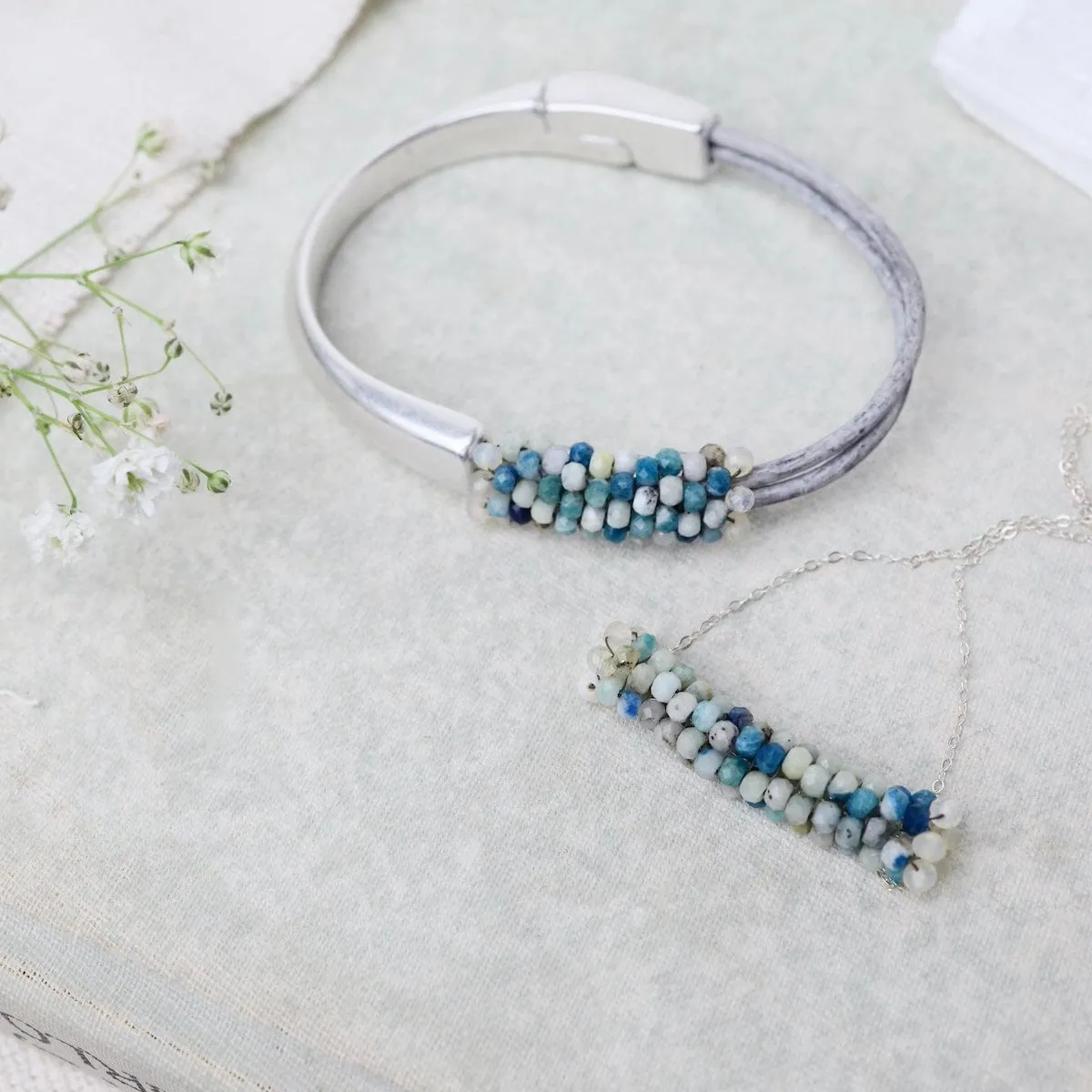 Azurite with Opal Trim On Leather Bracelet