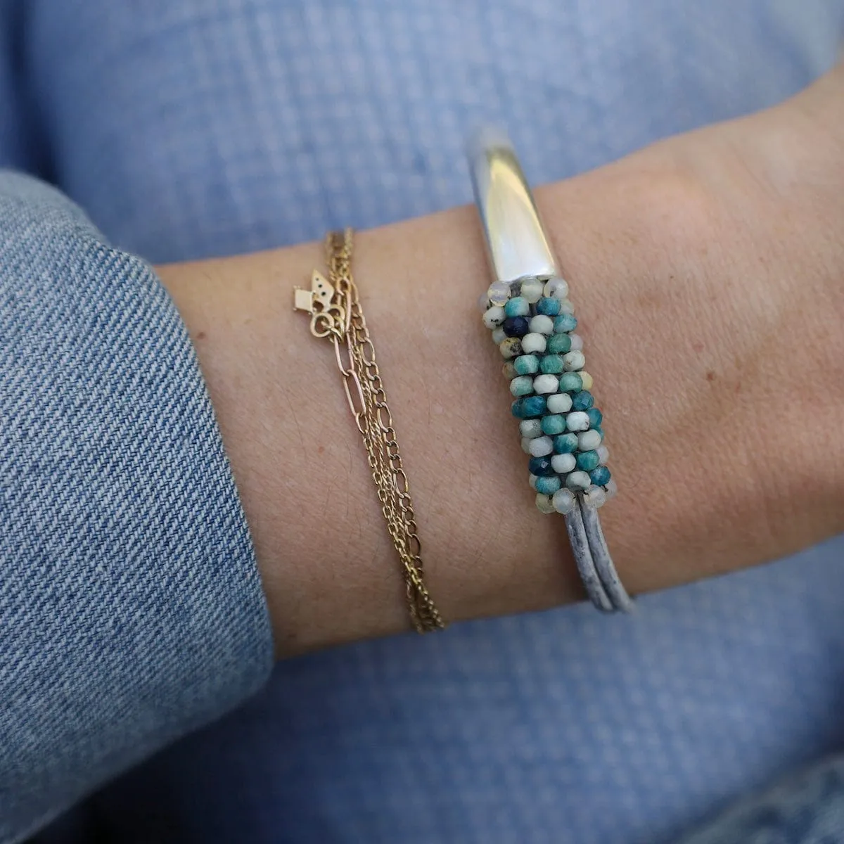 Azurite with Opal Trim On Leather Bracelet