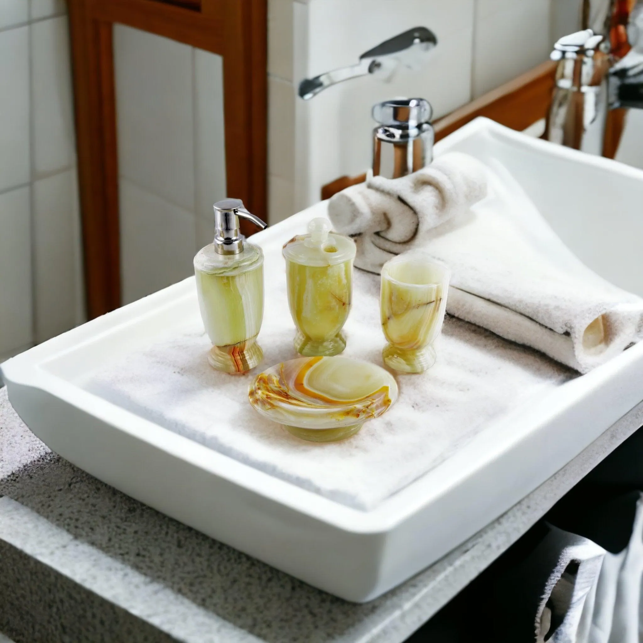 Bath Accessory Set - 4 Piece Bath Set of Pistachio Onyx