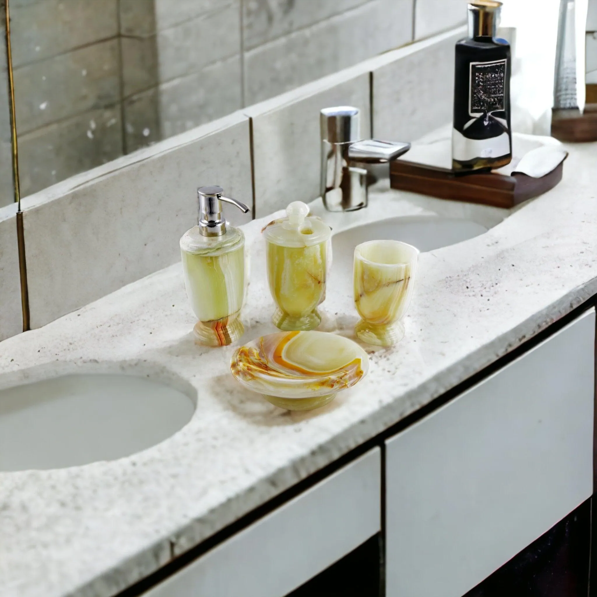 Bath Accessory Set - 4 Piece Bath Set of Pistachio Onyx