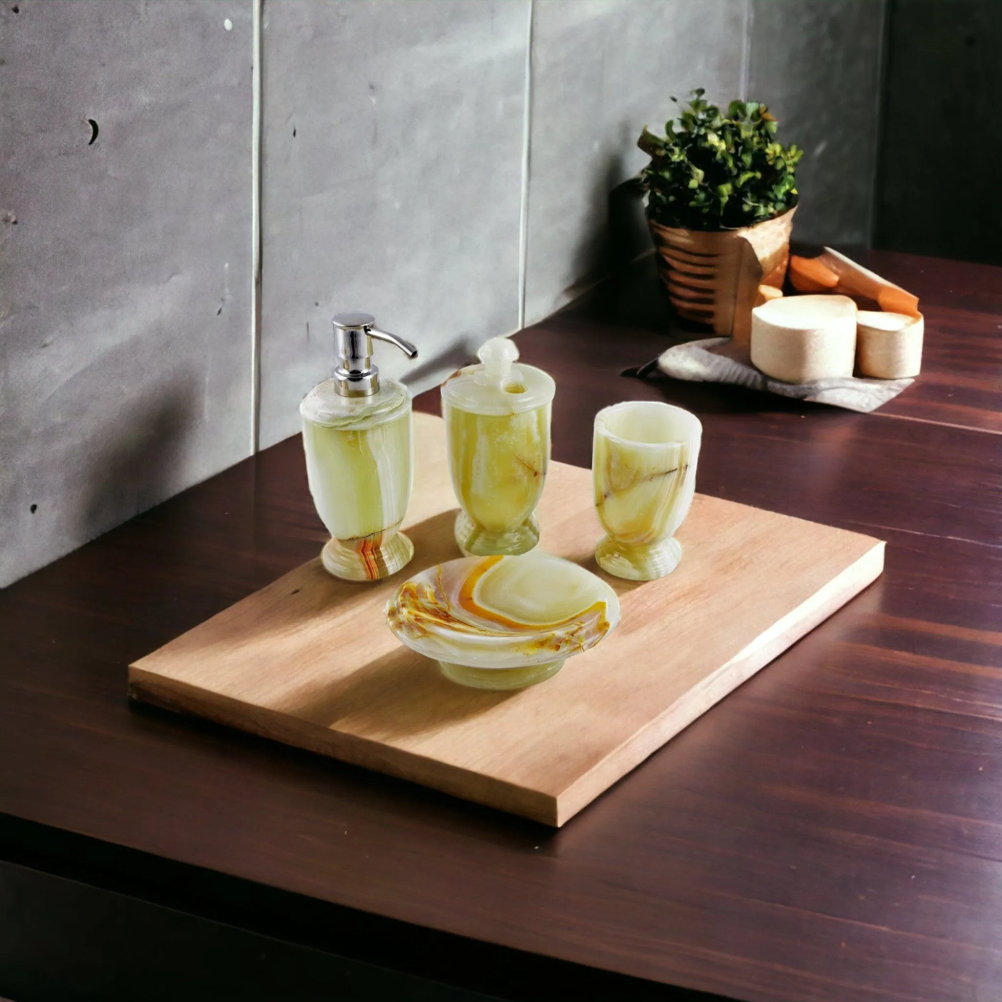 Bath Accessory Set - 4 Piece Bath Set of Pistachio Onyx