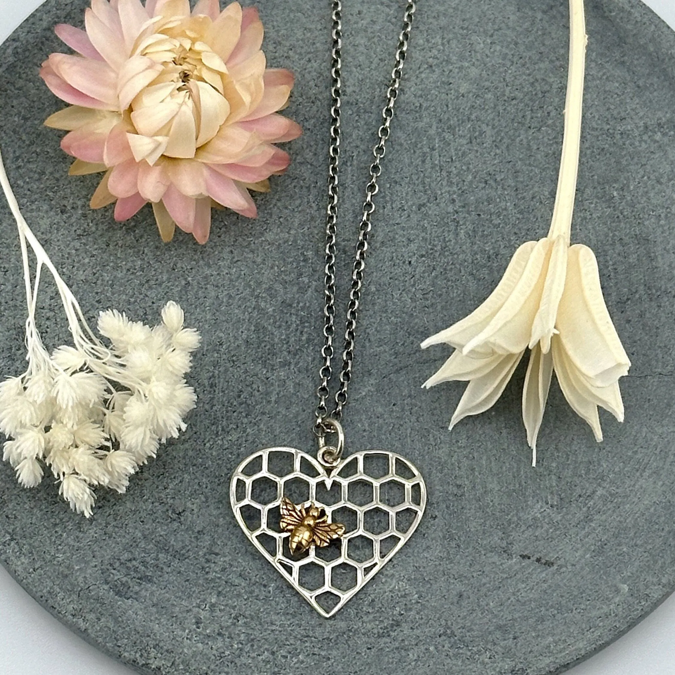 Bee on Heart Honeycomb Necklace