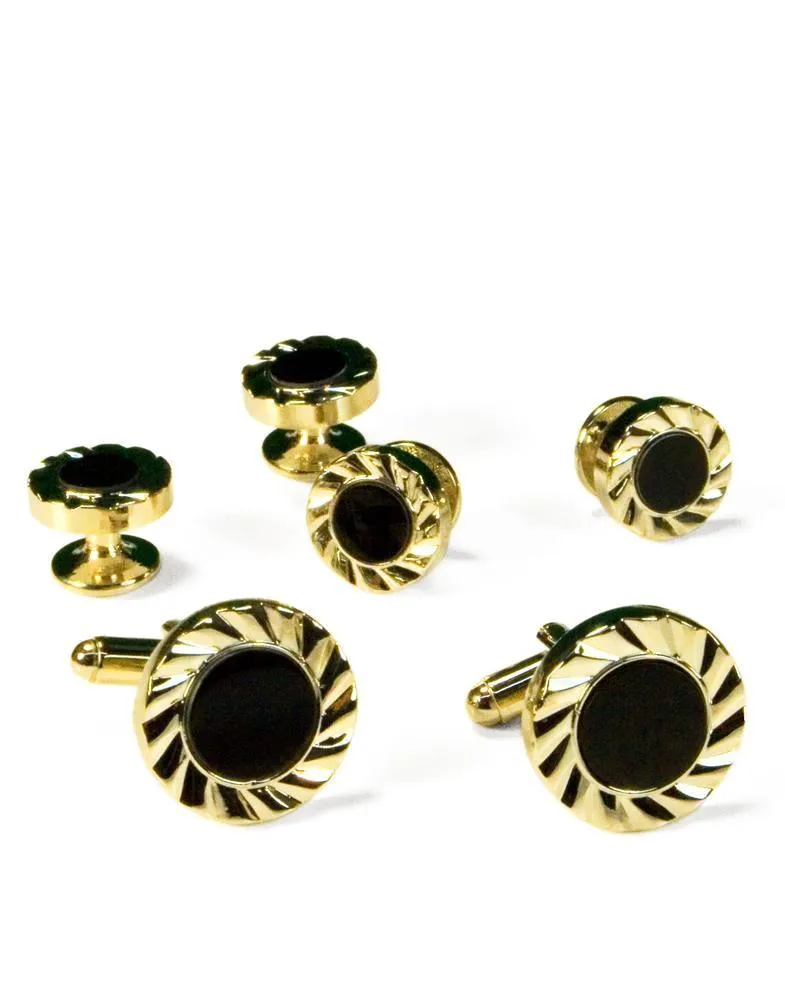 Black Circular Onyx with Gold Fan Cut Edge Studs and Cufflinks Set