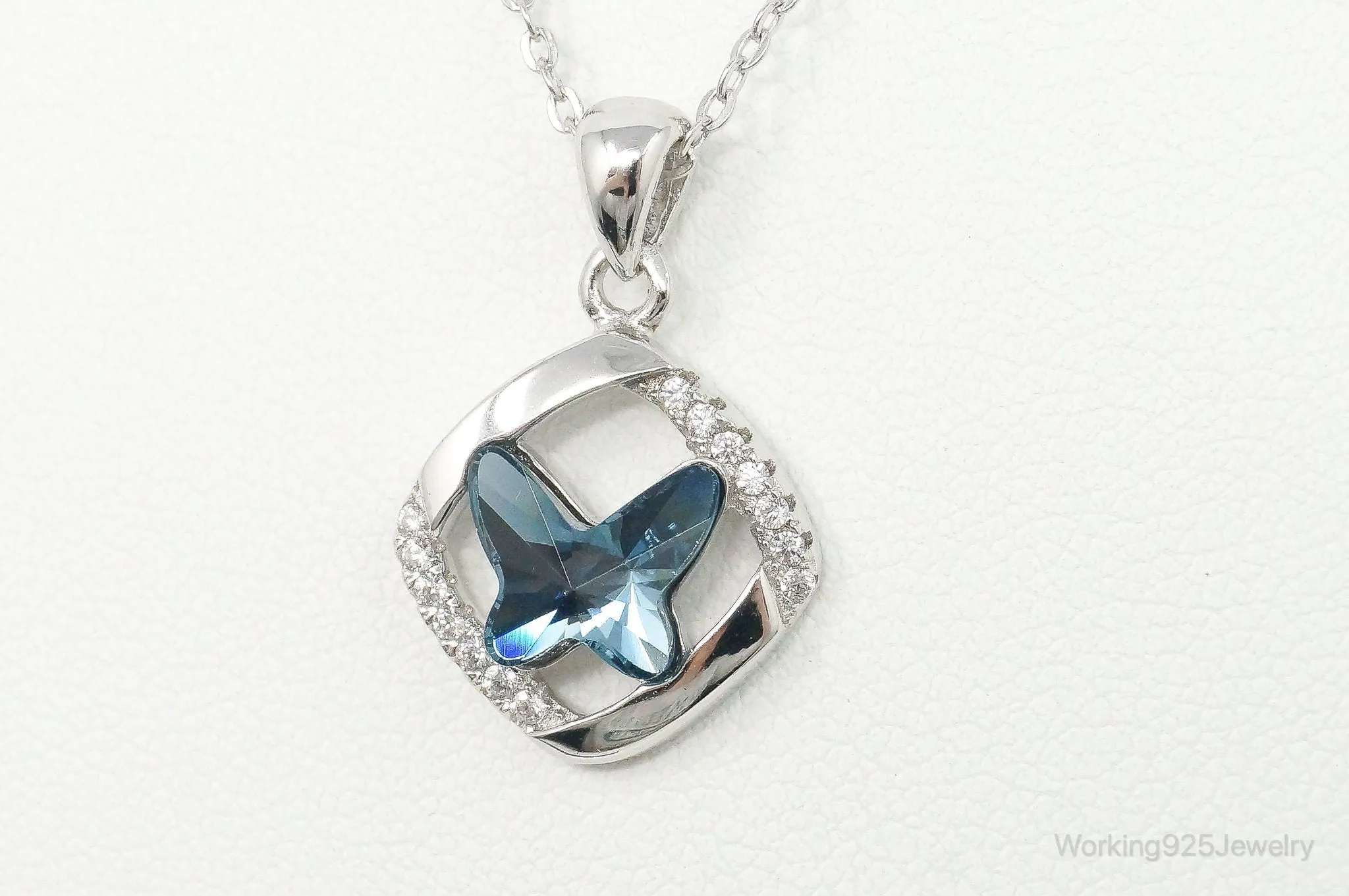 Blue Crystal Cubic Zirconia Butterfly Sterling Silver Necklace