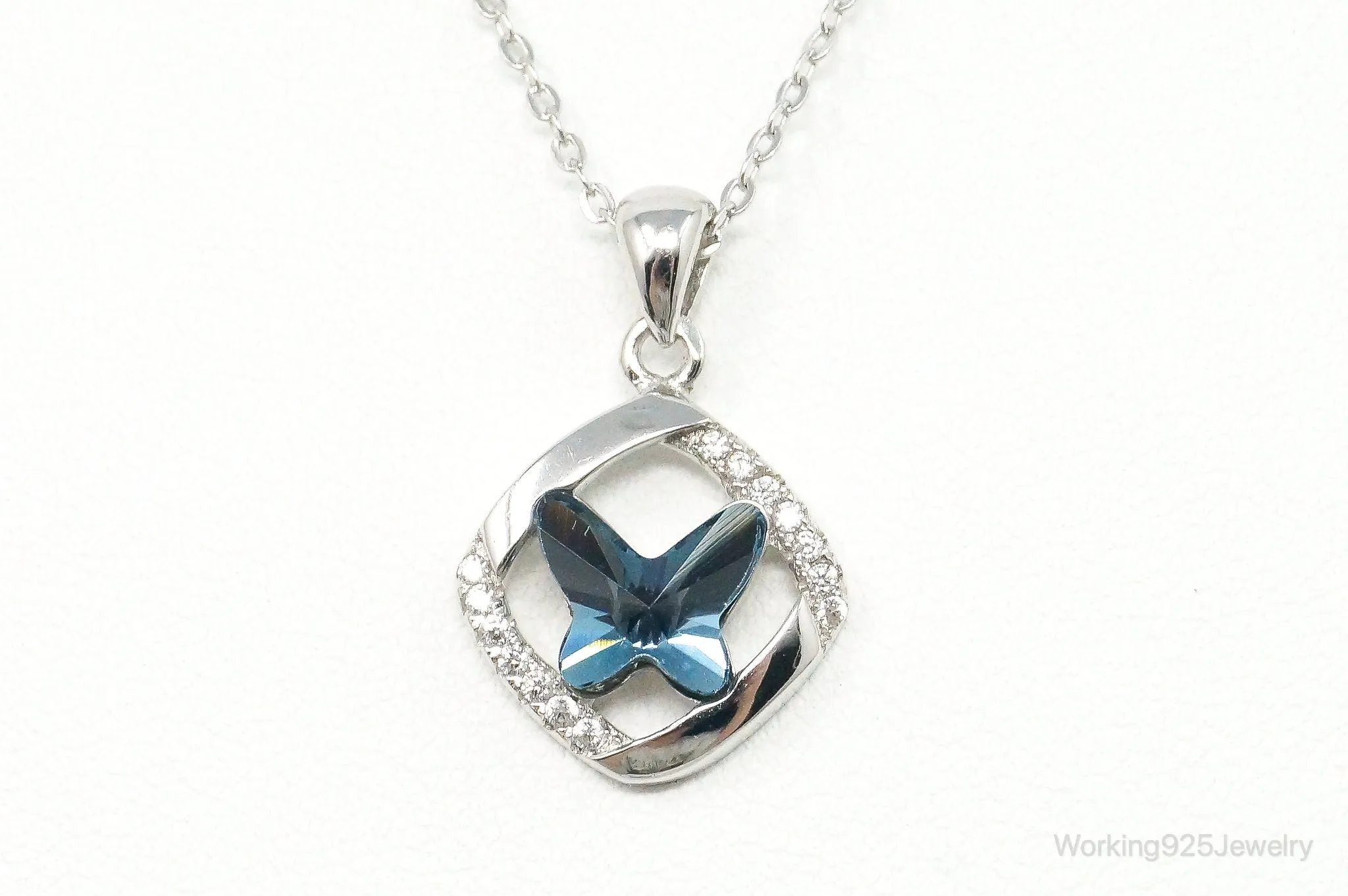 Blue Crystal Cubic Zirconia Butterfly Sterling Silver Necklace