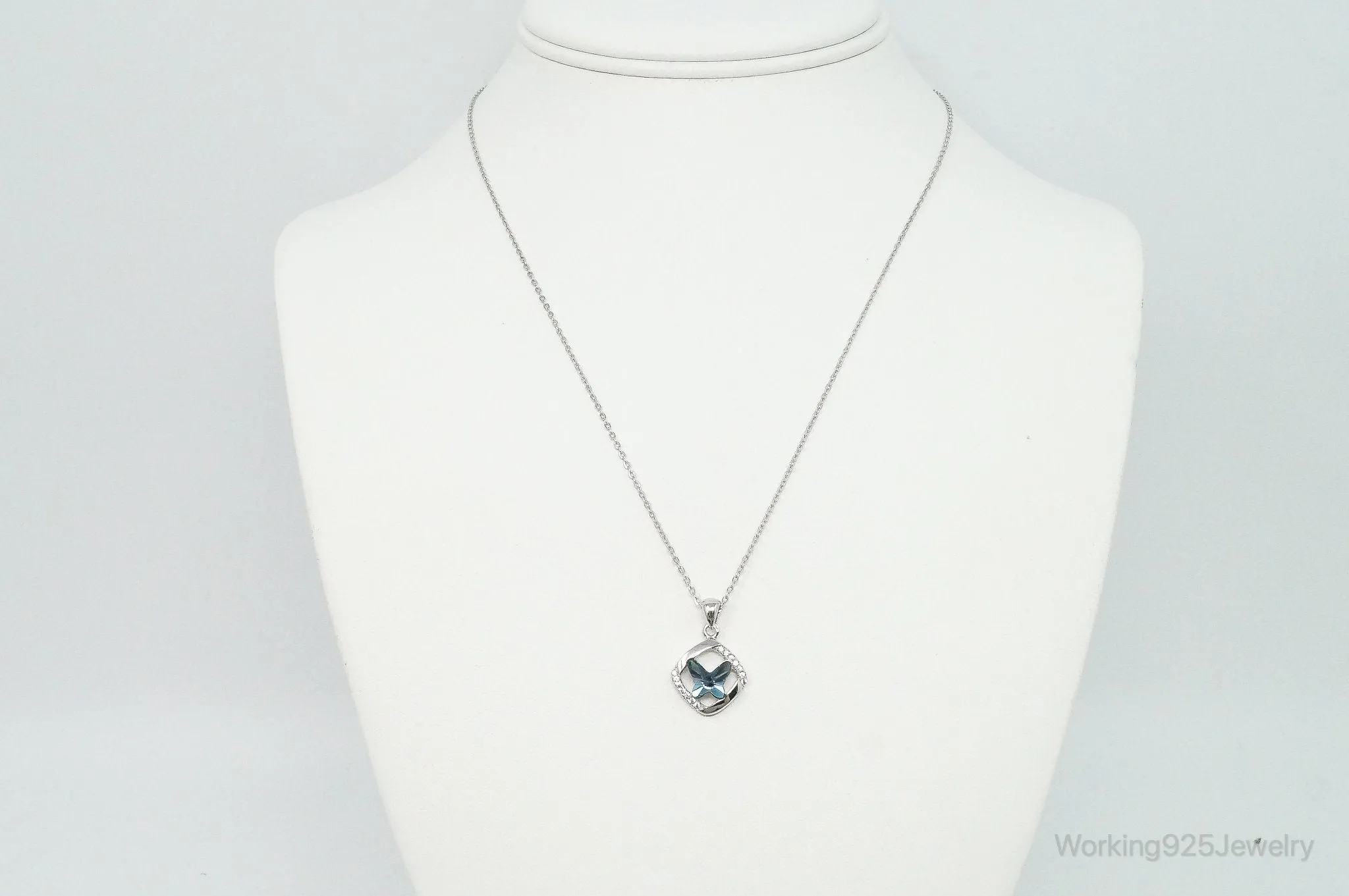 Blue Crystal Cubic Zirconia Butterfly Sterling Silver Necklace