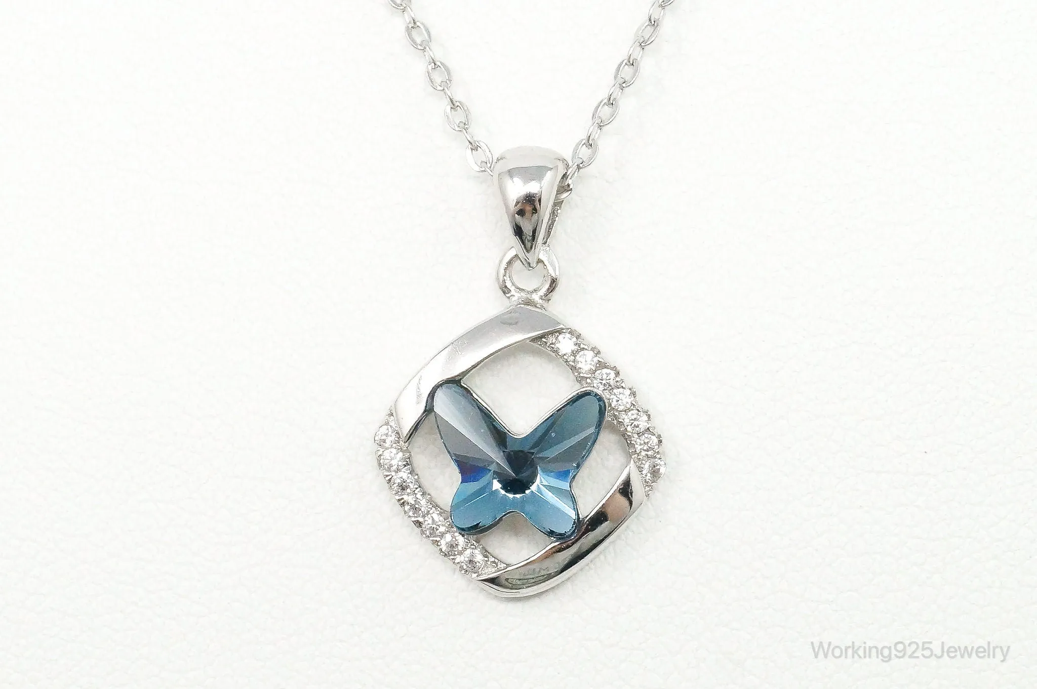 Blue Crystal Cubic Zirconia Butterfly Sterling Silver Necklace