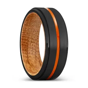 BRAMPTON | Whiskey Barrel Wood, Black Tungsten Ring, Orange Groove, Stepped Edge