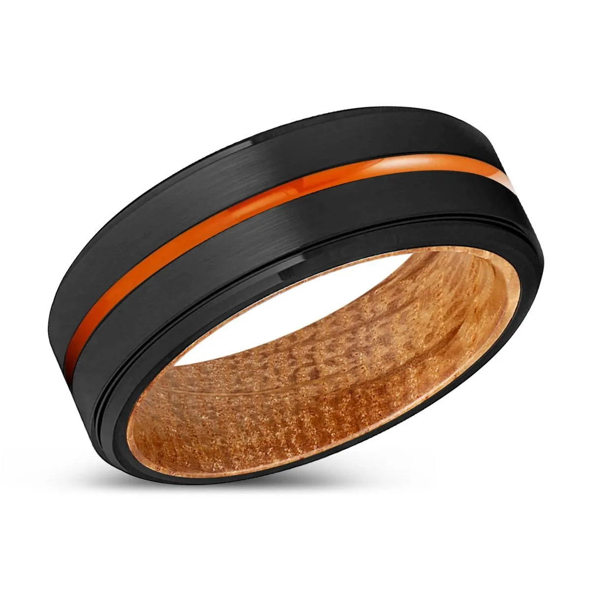 BRAMPTON | Whiskey Barrel Wood, Black Tungsten Ring, Orange Groove, Stepped Edge