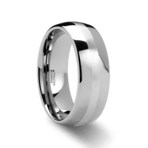 CASSIUS | Silver Tungsten Ring, Sterling Silver Inlay, Domed