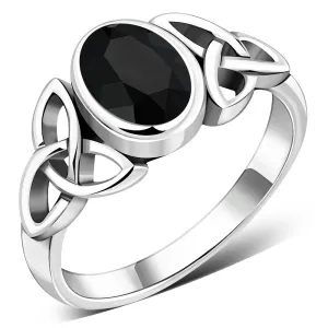 Celtic Trinity Knot Faceted Black Onyx Stone Silver Ring