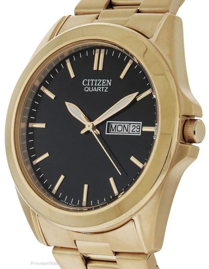 Citizen Quartz Mens Day/Date Dress Watch - Black Dial and Gold-Tone Case