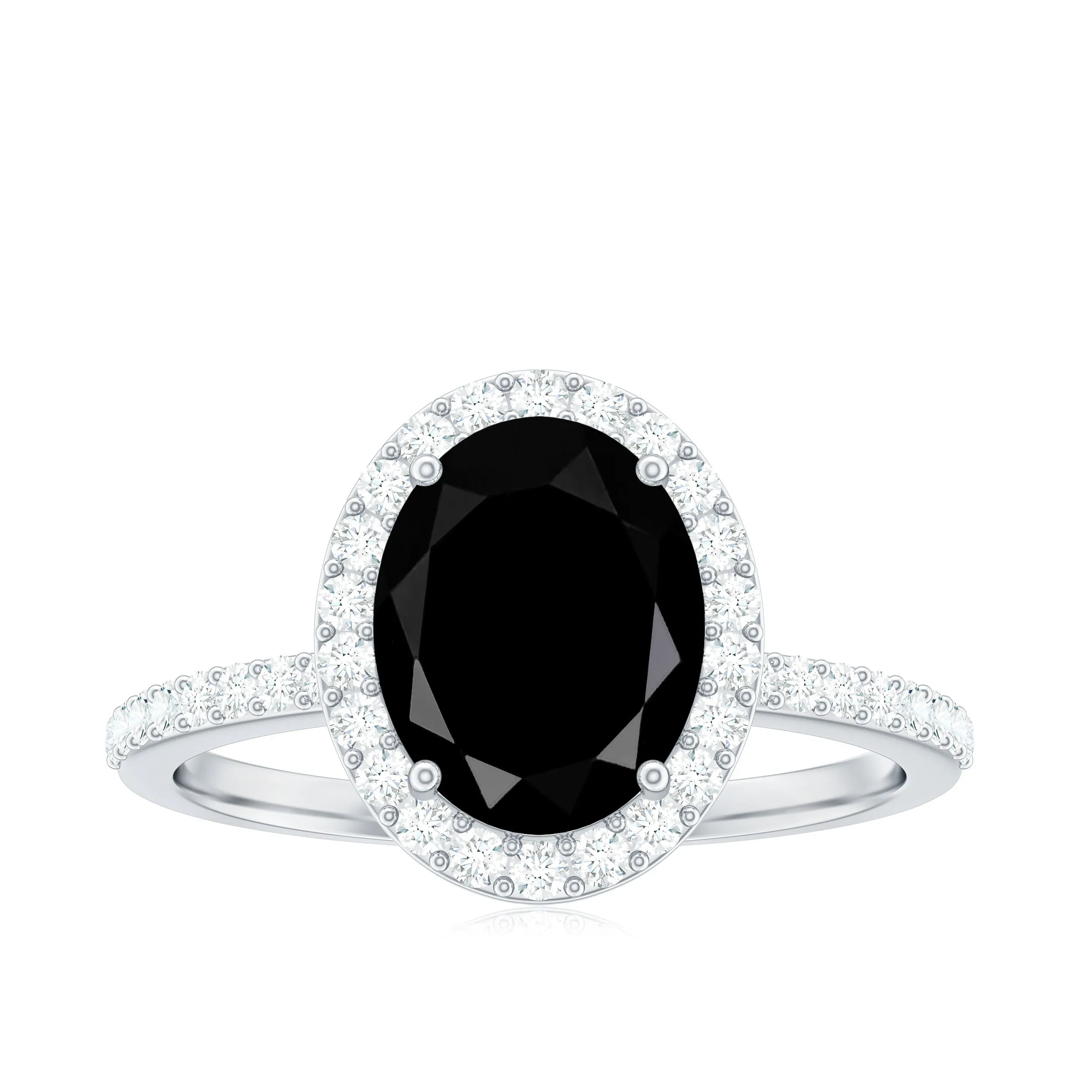 Classic Oval Shape Black Onyx Ring with Diamond Halo