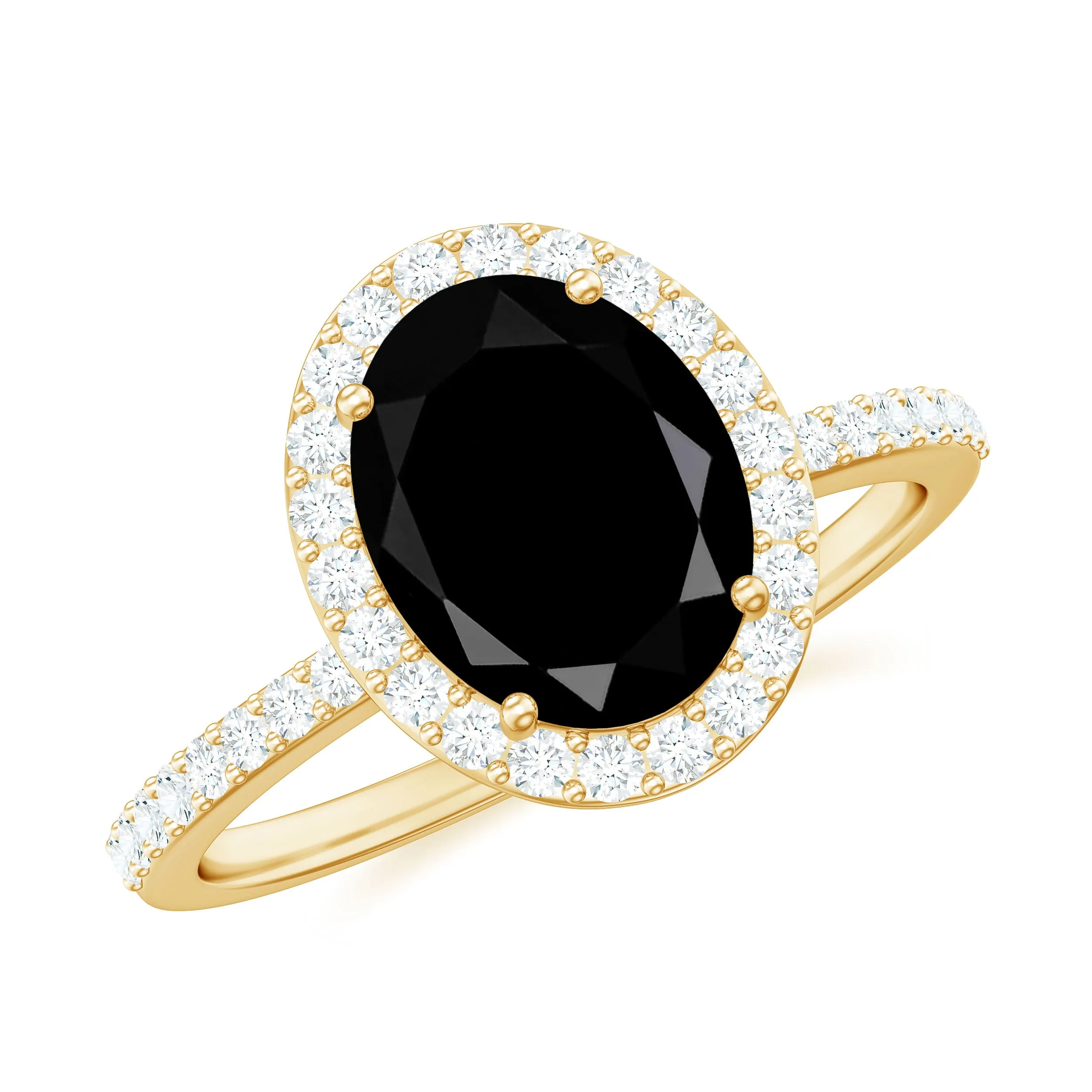 Classic Oval Shape Black Onyx Ring with Diamond Halo