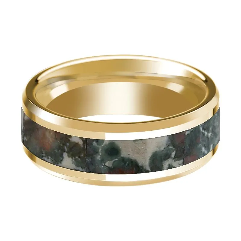 Coprolite Fossil Inlaid 14k Yellow Gold Polished Wedding Band for Men with Beveled Edges - 8MM