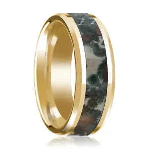 Coprolite Fossil Inlaid 14k Yellow Gold Polished Wedding Band for Men with Beveled Edges - 8MM