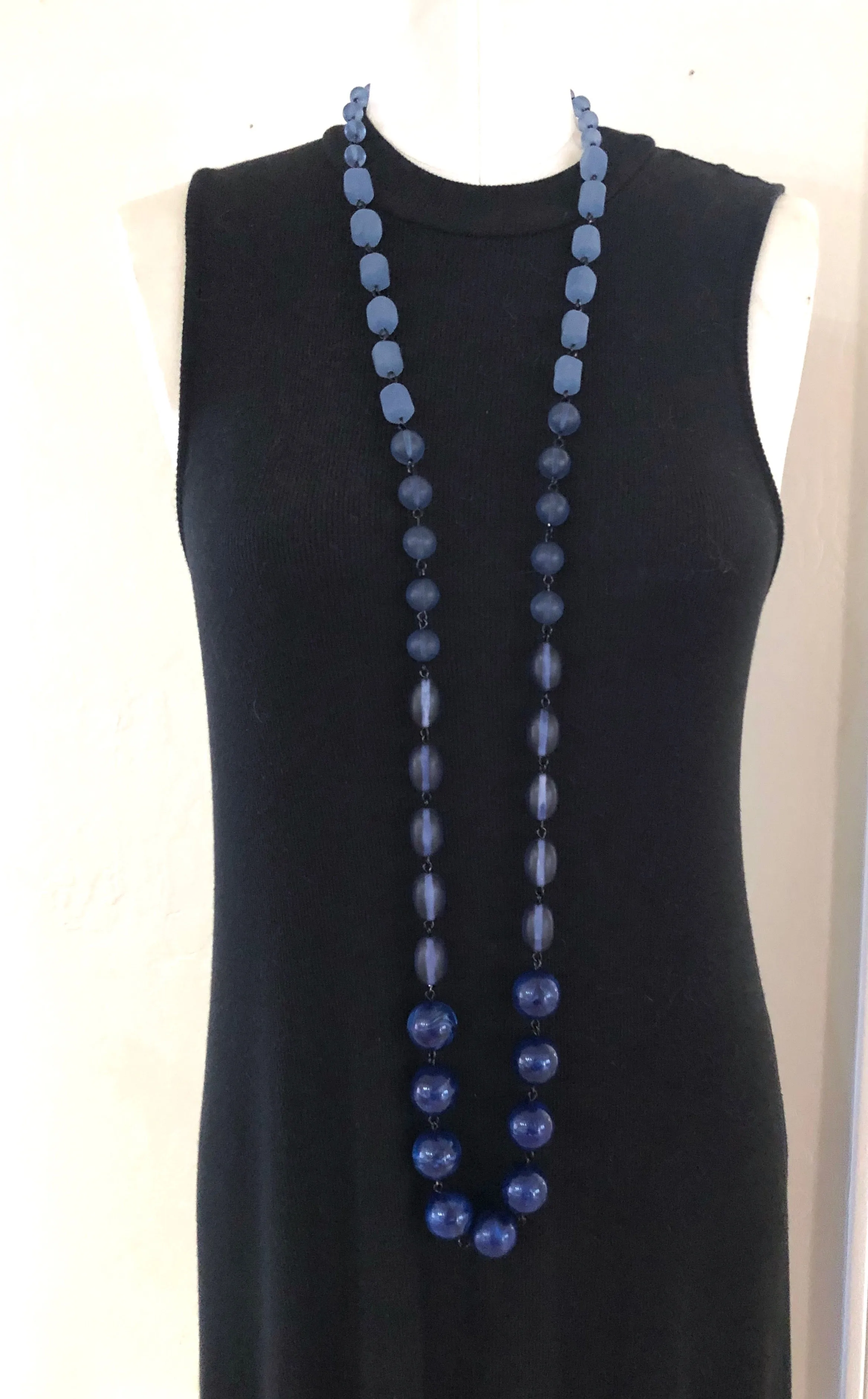 Denim Blue Beaded Rosary Chain Rope Necklace