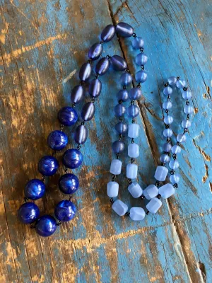 Denim Blue Beaded Rosary Chain Rope Necklace