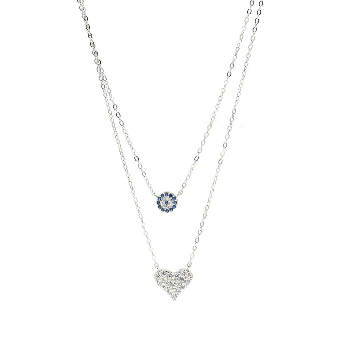 Evil Eye Love Necklace, .925 Sterling Silver Diamond CZ Layered 2 in 1 Stacked Everyday Protection Necklace