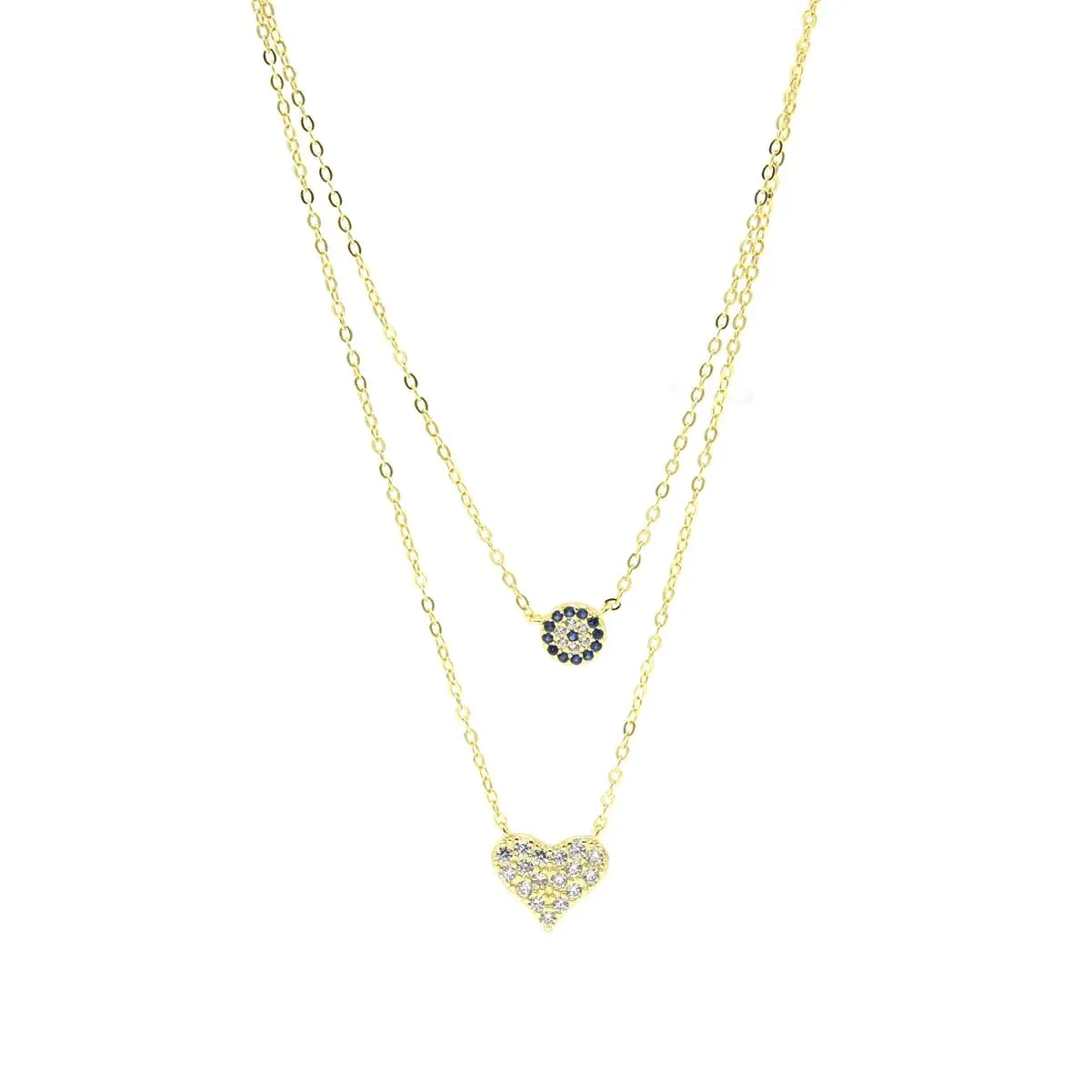 Evil Eye Love Necklace, .925 Sterling Silver Diamond CZ Layered 2 in 1 Stacked Everyday Protection Necklace