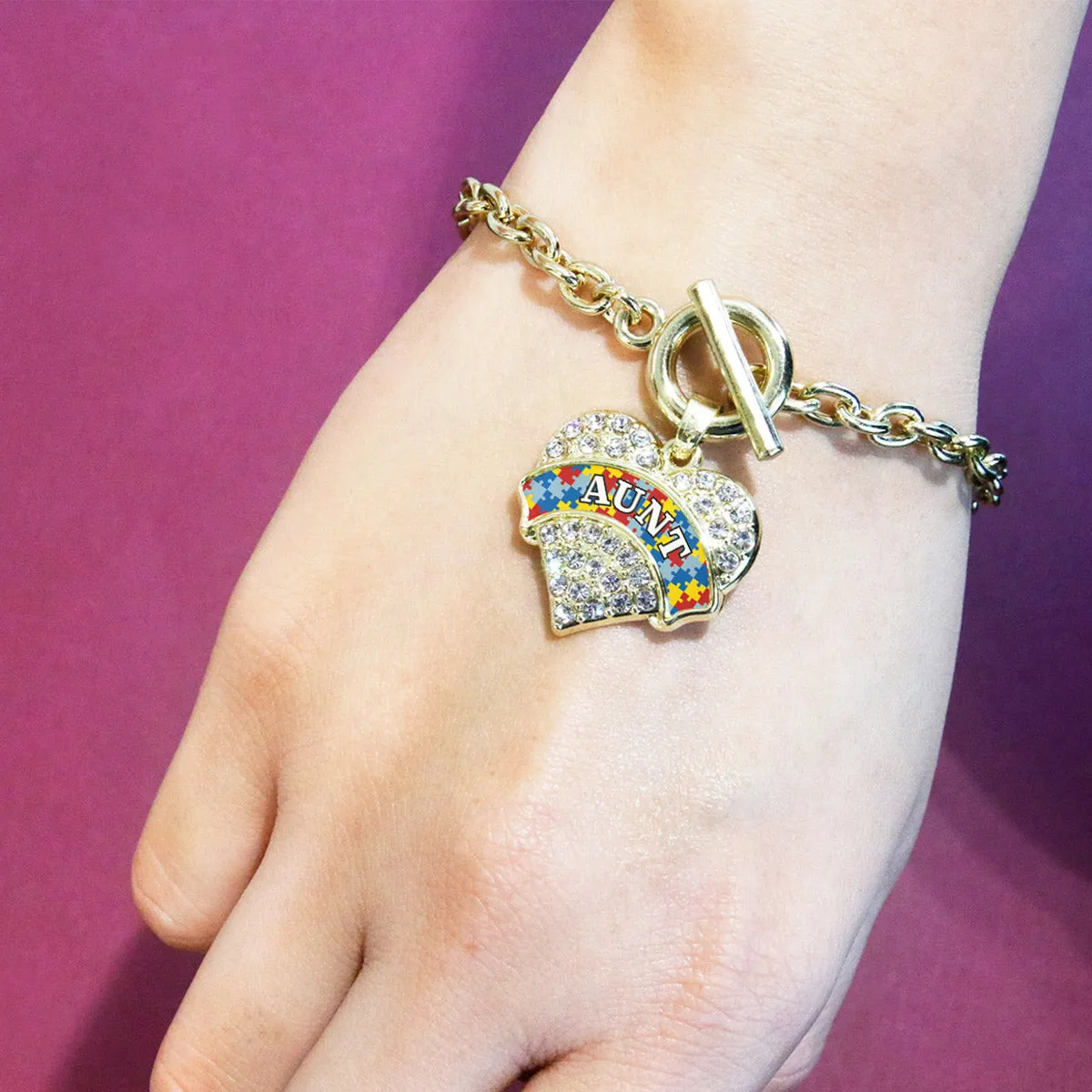 Gold Autism Aunt Pave Heart Charm Toggle Bracelet