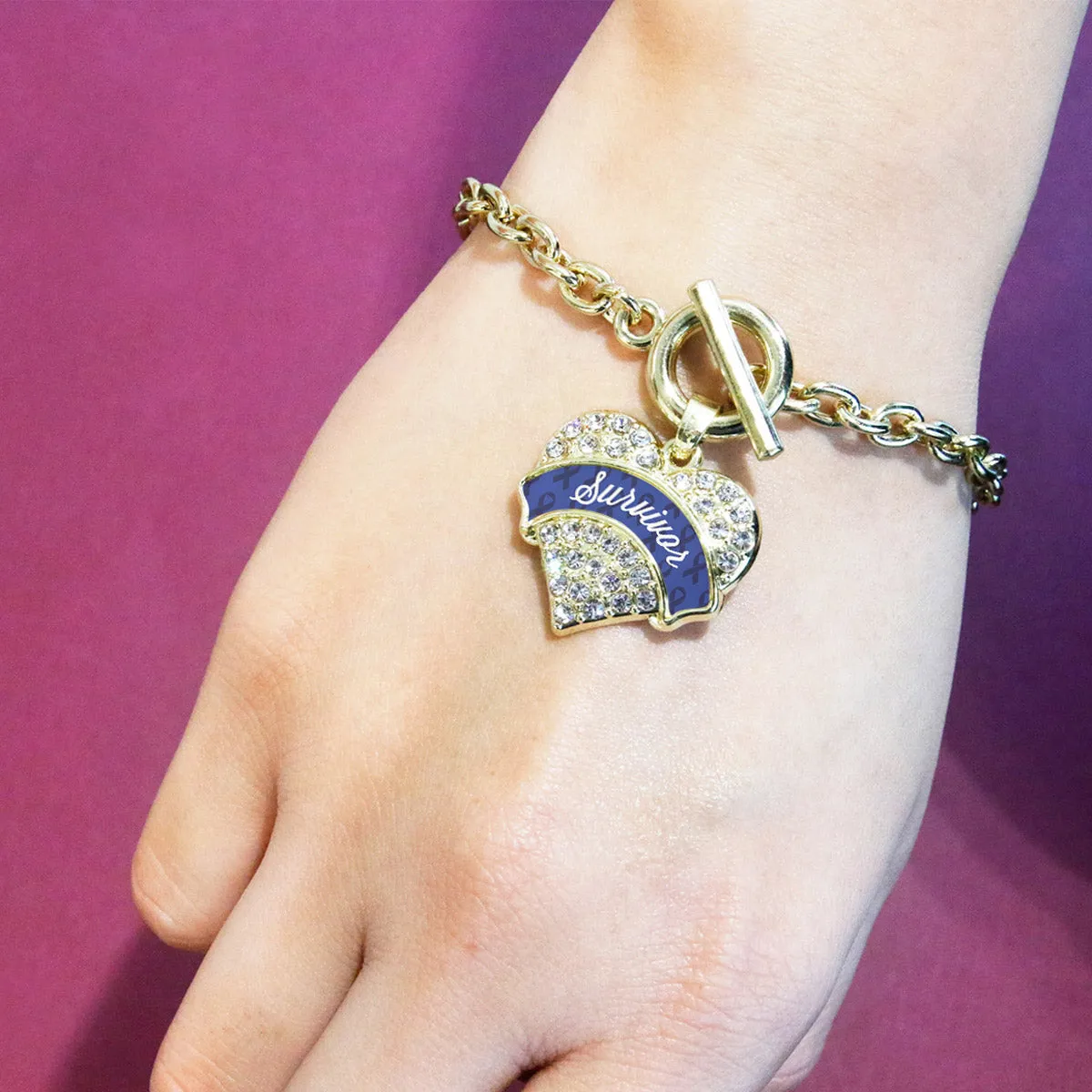 Gold Blue Survivor Pave Heart Charm Toggle Bracelet